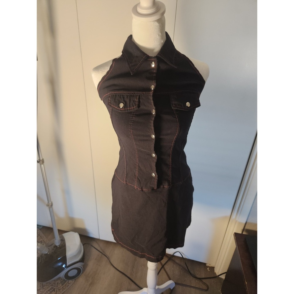 Vintage Y2K 2G Modern Urban Jeanswear Black Button up Halter Skirt W/Collar MED